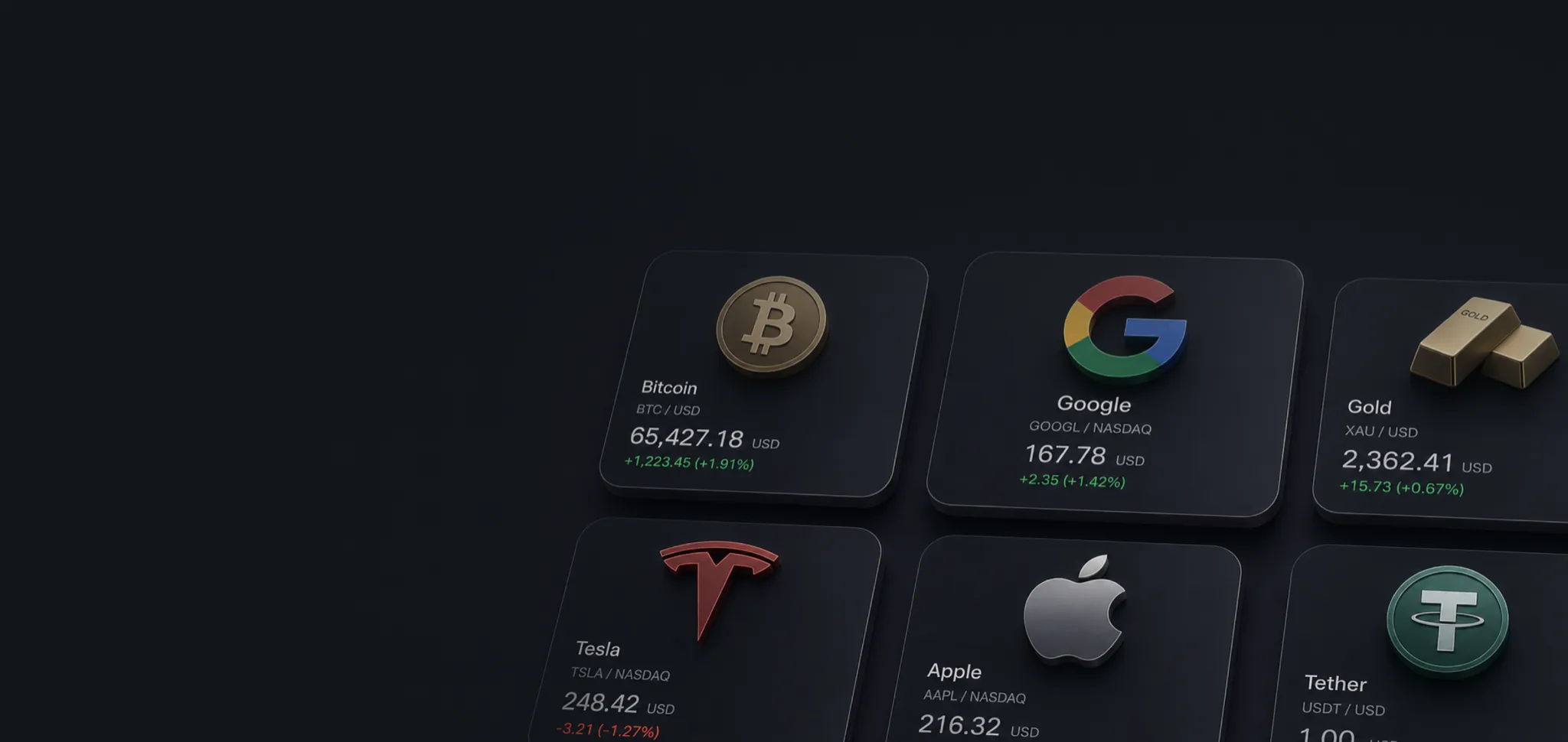 Карточки активов Bitcoin, Google, Gold, Tesla, Apple и Tether