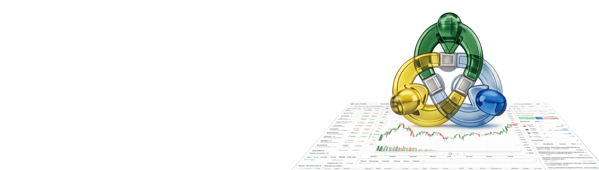 Логотип MetaTrader из переплетённых колец над десктопным торговым терминалом